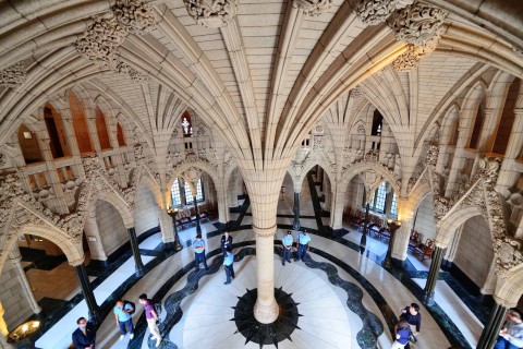 A birds-eye-view of gothic architecture inside parliament